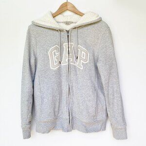 GAP Womens Gray Zip Up Hoodie Sherpa Lined Size M Logo Sweatshirt Warm